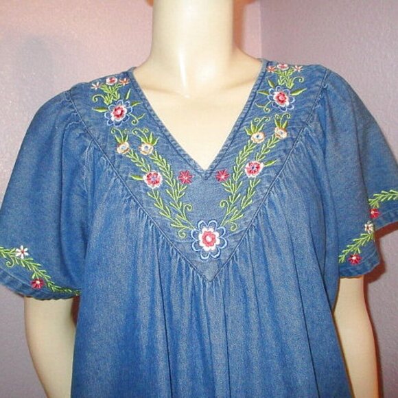 Vermont Country Store Denim Midi Dress Size S Embroidered Pockets Modest Western - Picture 2 of 10